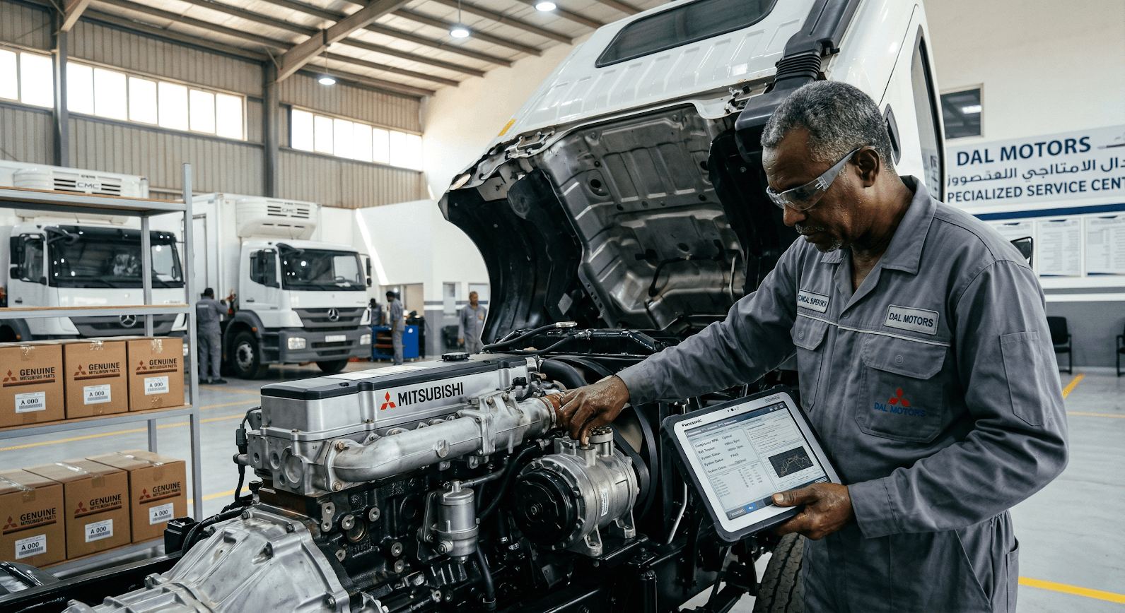 DAL Motors technician maintaining the Mitsubishi engine of a CMC Freezer.